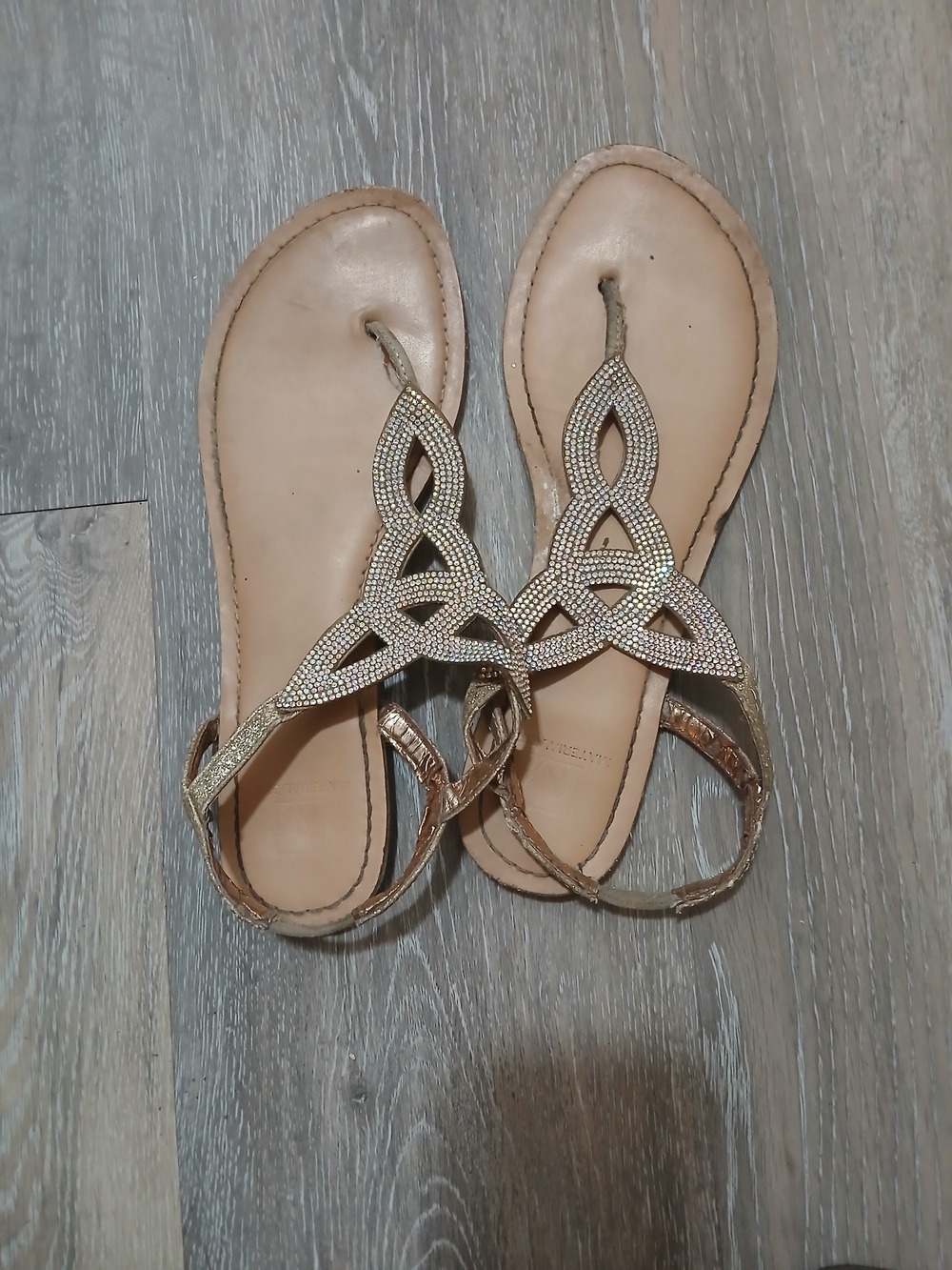 Women's Metallic Gold Jeweled T-Strap Sandals
